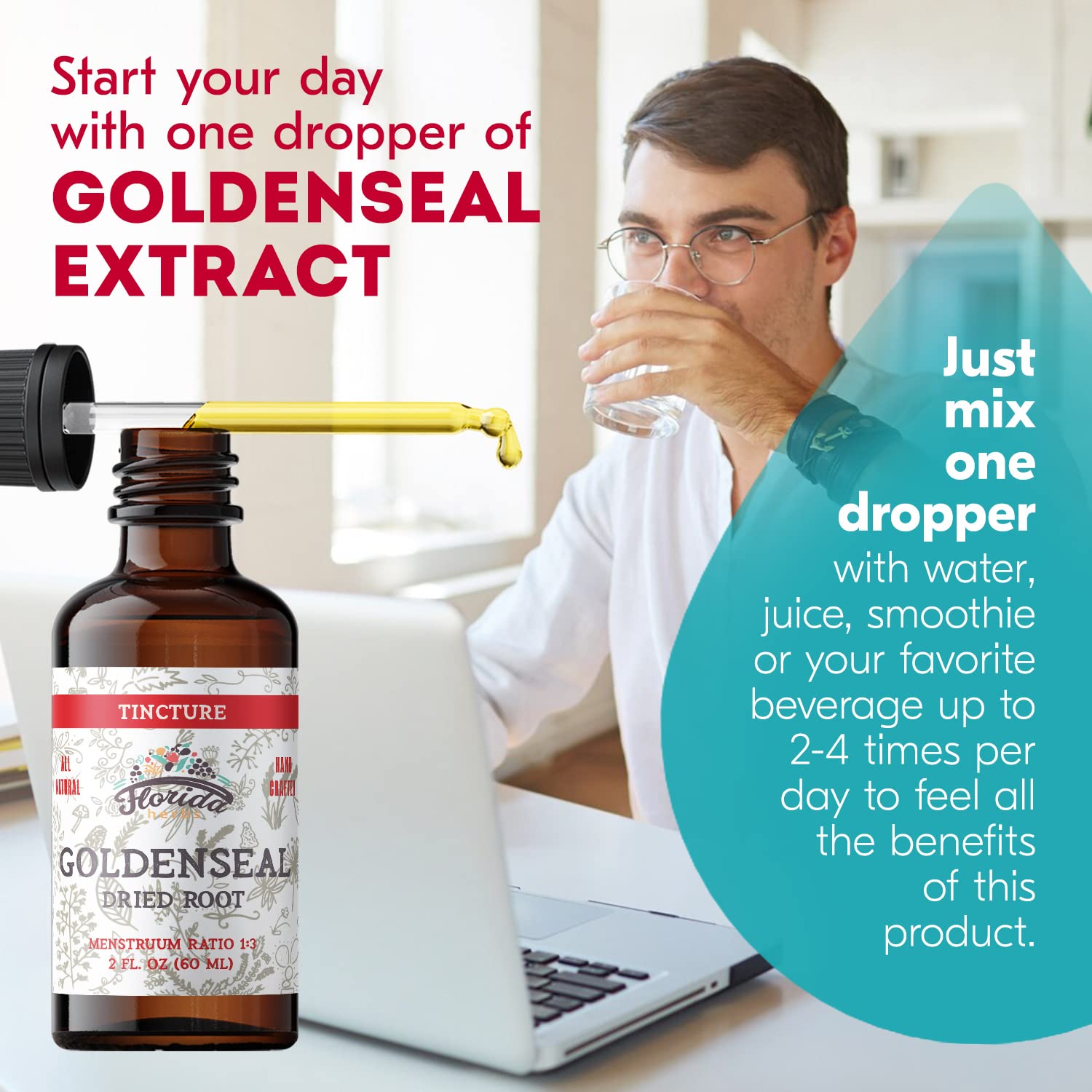 Florida Herbs packaging label showcases organic, non-GMO ingredients for Goldenseal tincture.