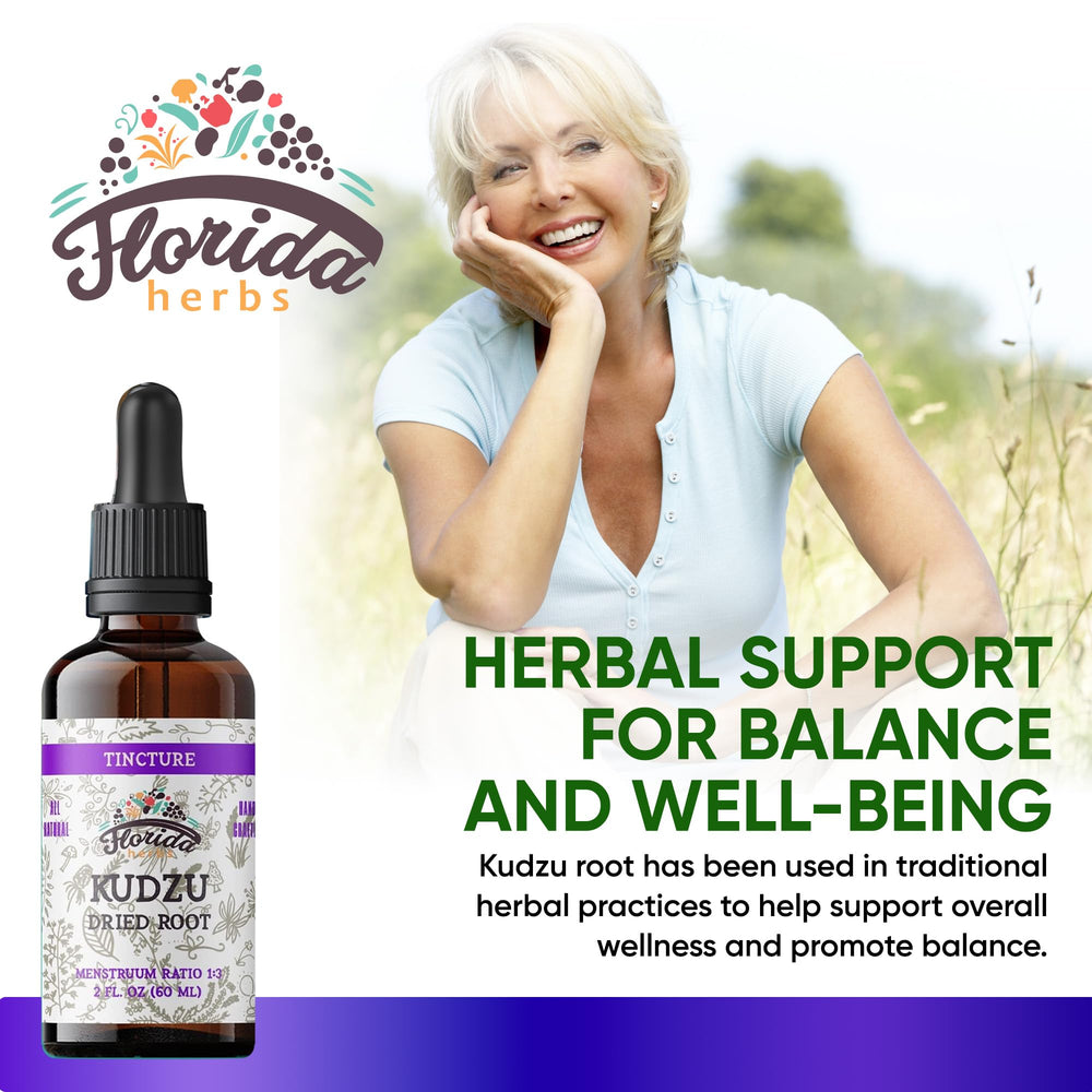 Florida Herbs Kudzu Extract label closeup – organic, kosher-certified herbs highlighted.