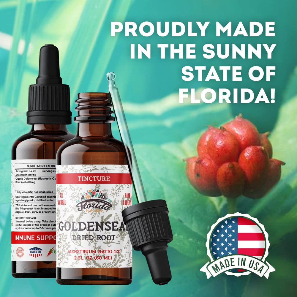 Florida Herbs made-in-usa Goldenseal tincture bottle represents quality and authenticity.