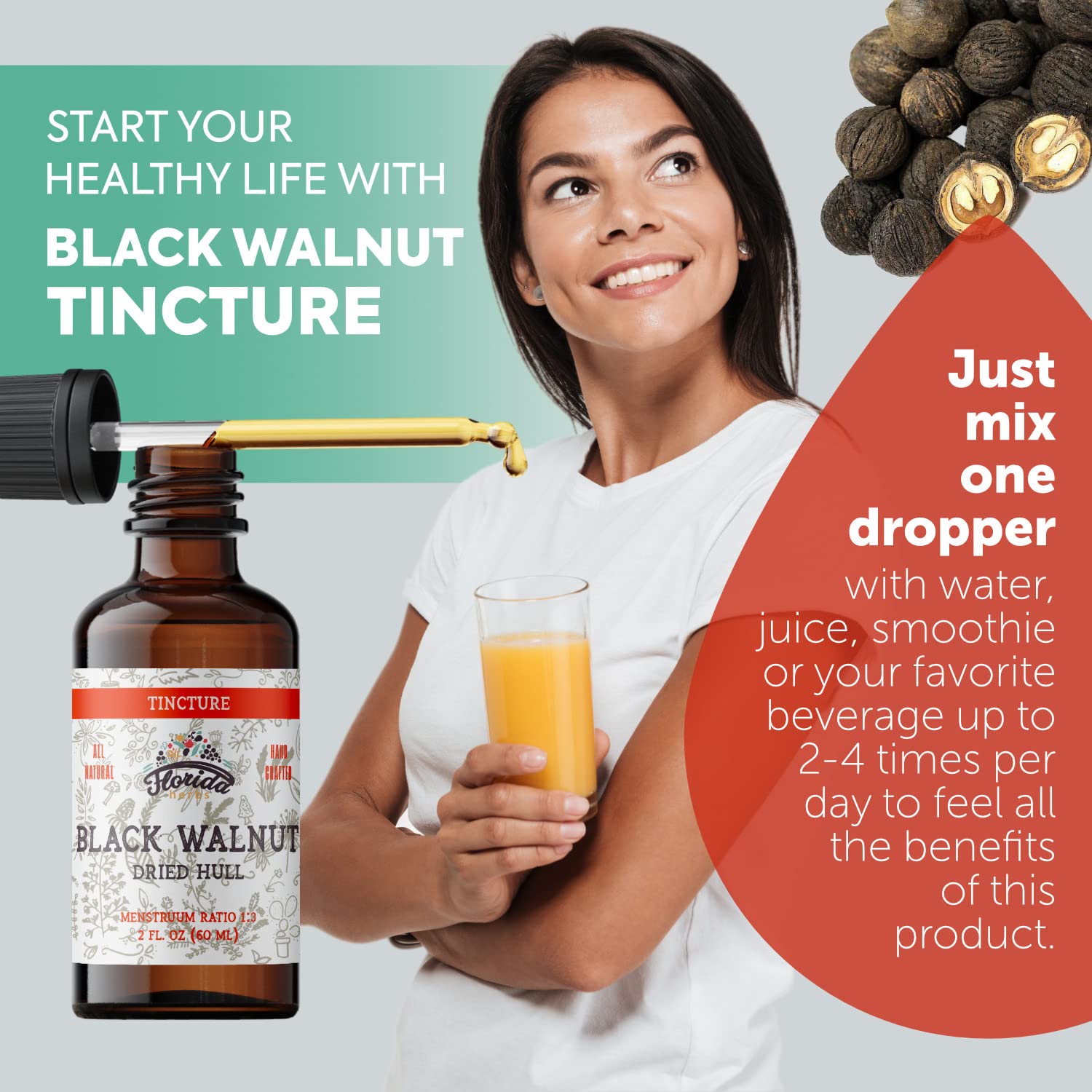 Florida Herbs Organic Black Walnut Hull Extract label indicates purity.