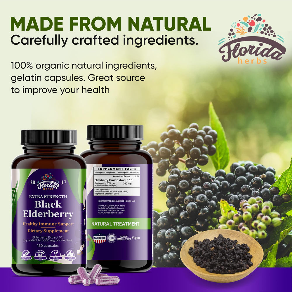 Florida Herbs organic elderberry capsules label detail emphasizing vegan non-GMO