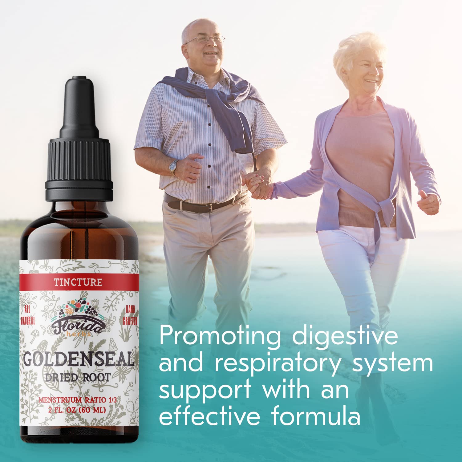 Florida Herbs organic Goldenseal root tincture bottle highlights botanical origin.