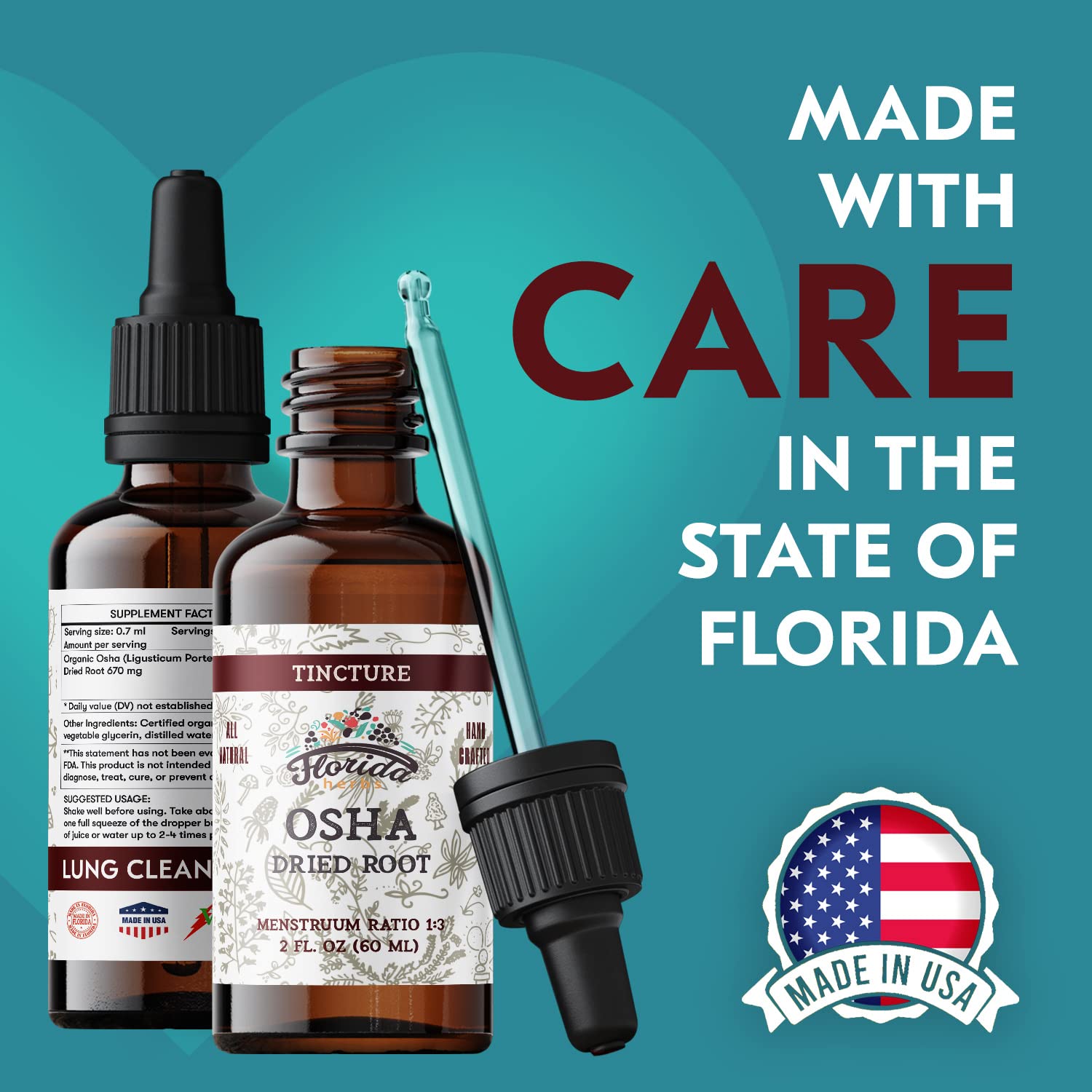 Florida Herbs OSHA Root drops bottle with label detail for multi-dose routine