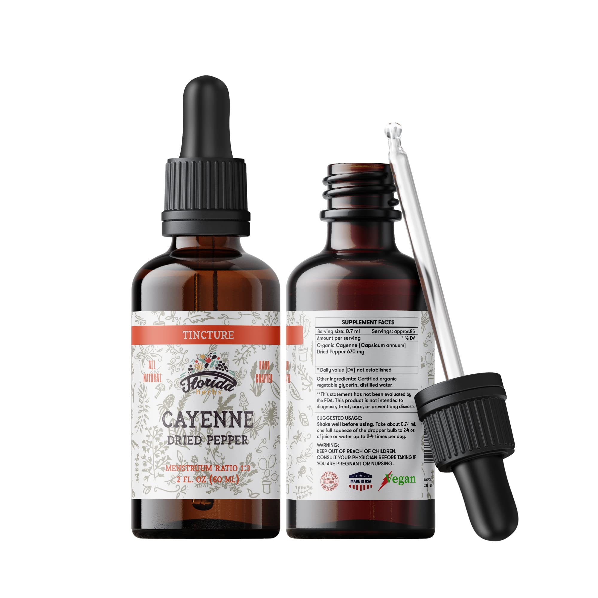 Brand packaging of Florida Herbs cayenne tincture on display