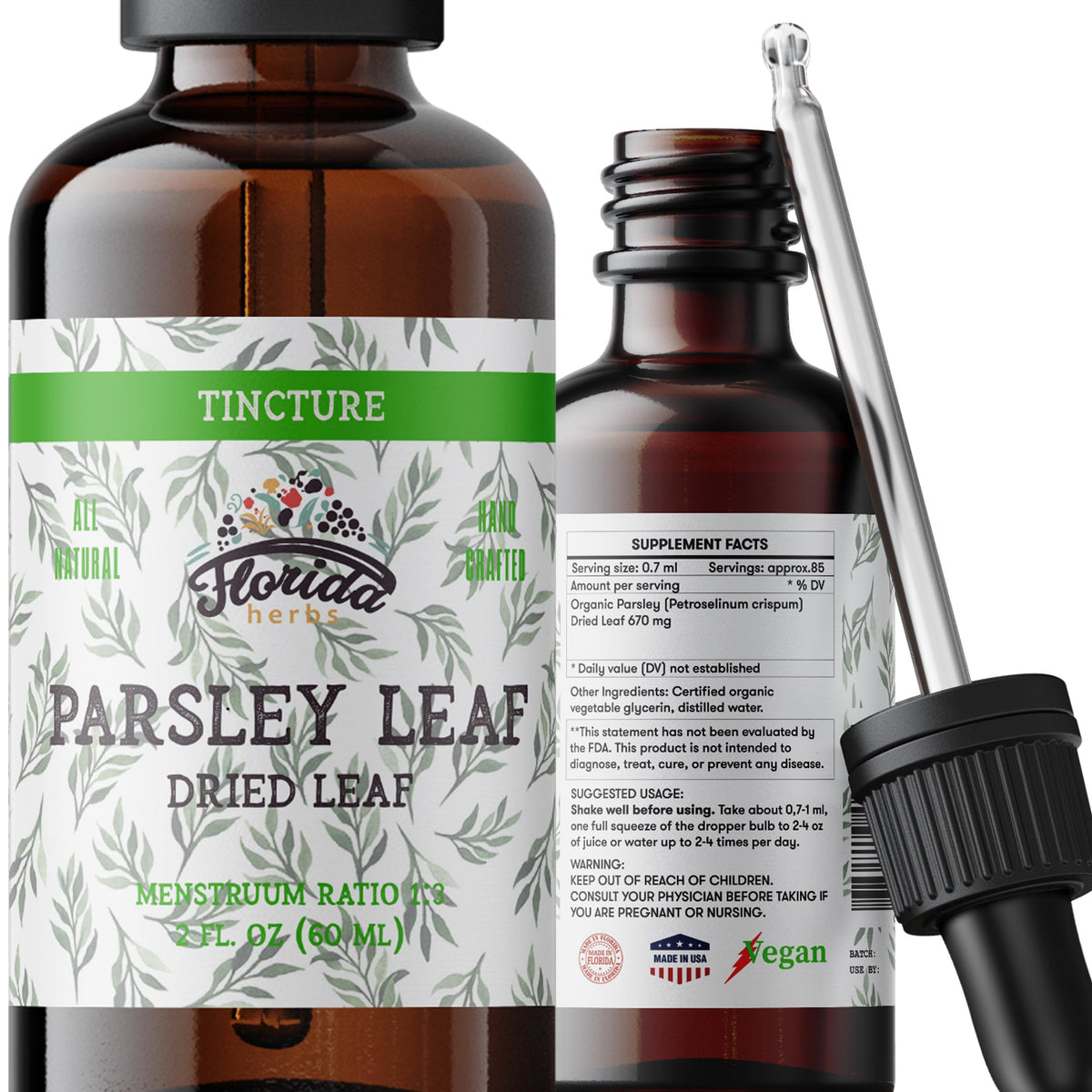 Florida Herbs Parsley Leaf Tincture bottle – alcohol-free herbal extract for daily wellness.