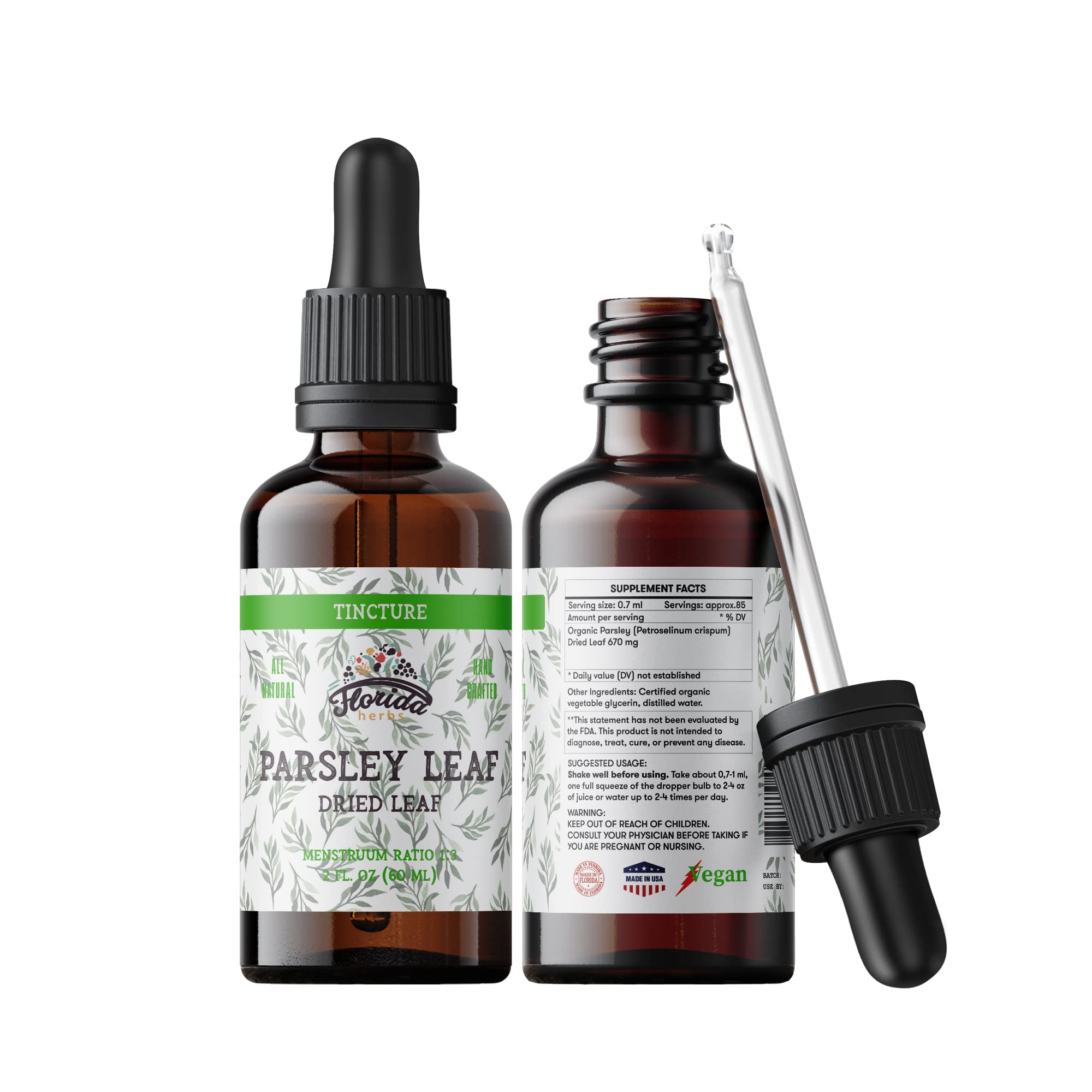 Florida Herbs Parsley Leaf Tincture Packaging designed for easy storage and travel.