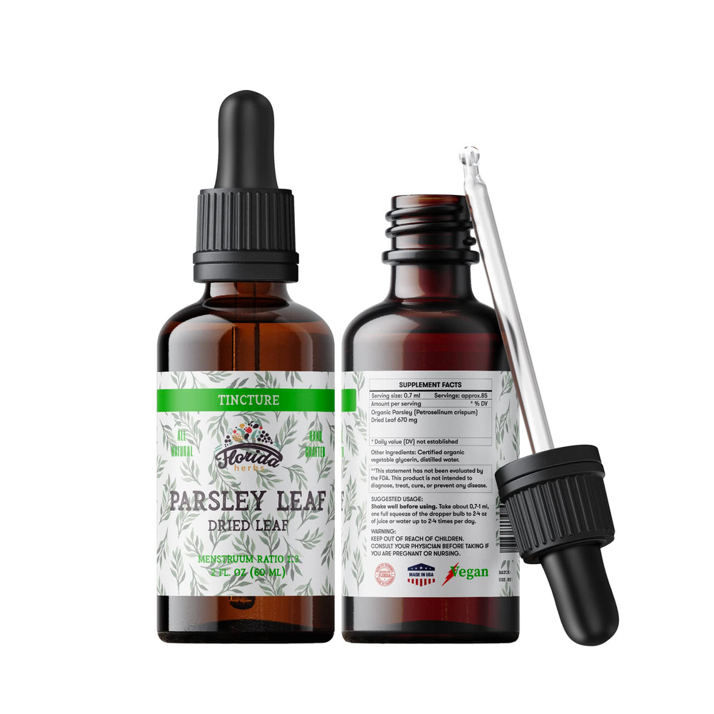 Florida Herbs Parsley Leaf Tincture Packaging designed for easy storage and travel.
