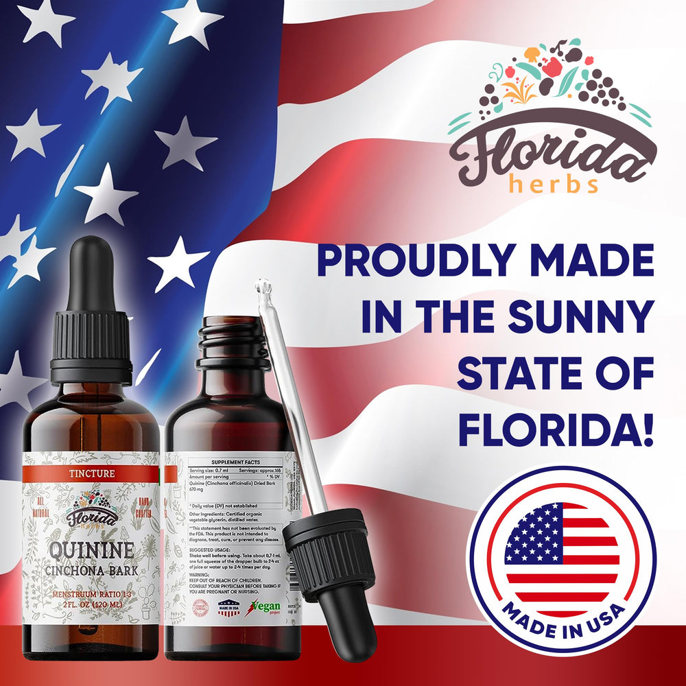 Florida Herbs Quinine glycerin base bottle highlights vegan kosher formula