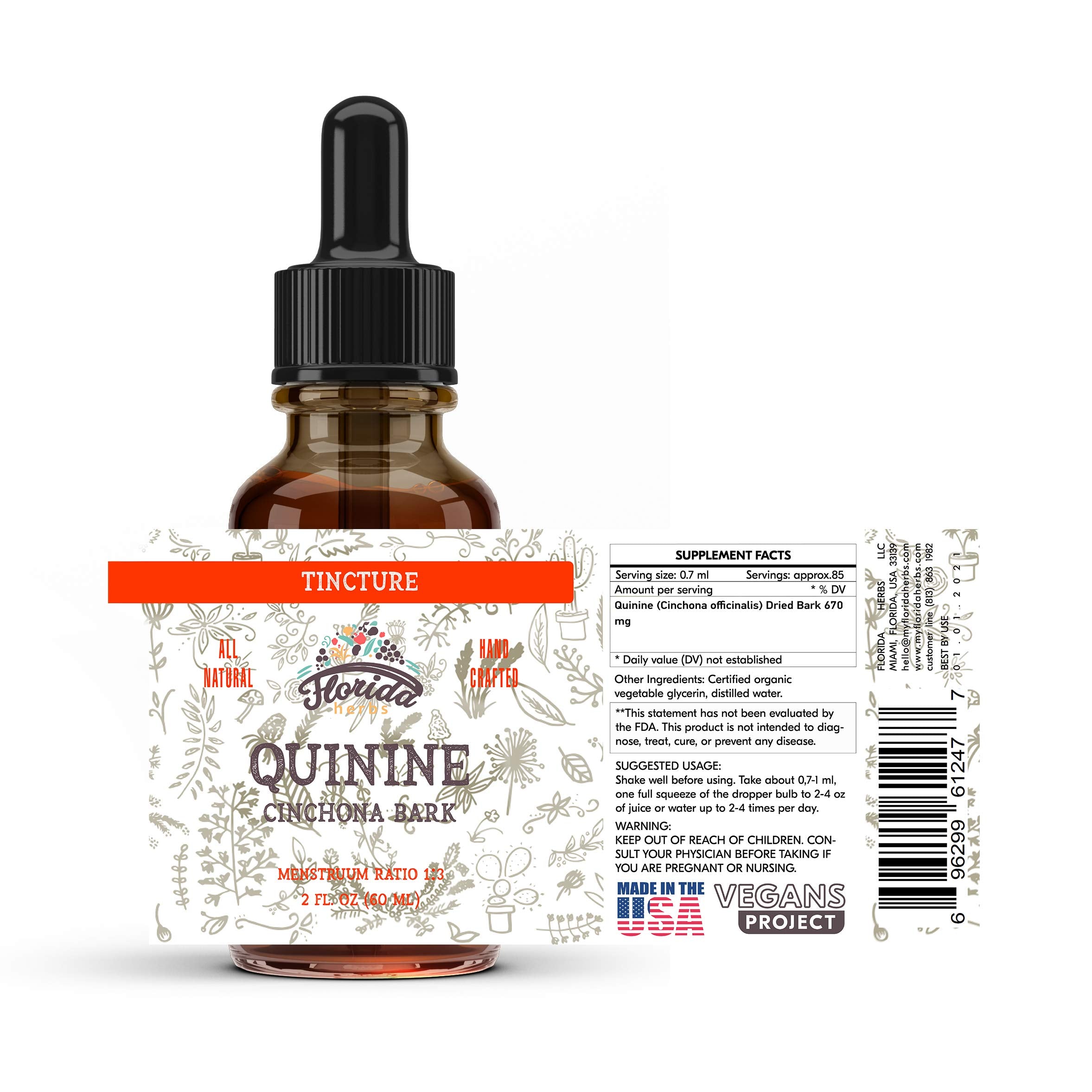 Florida Herbs Quinine label and bottle for gluten-free, non-GMO supplement