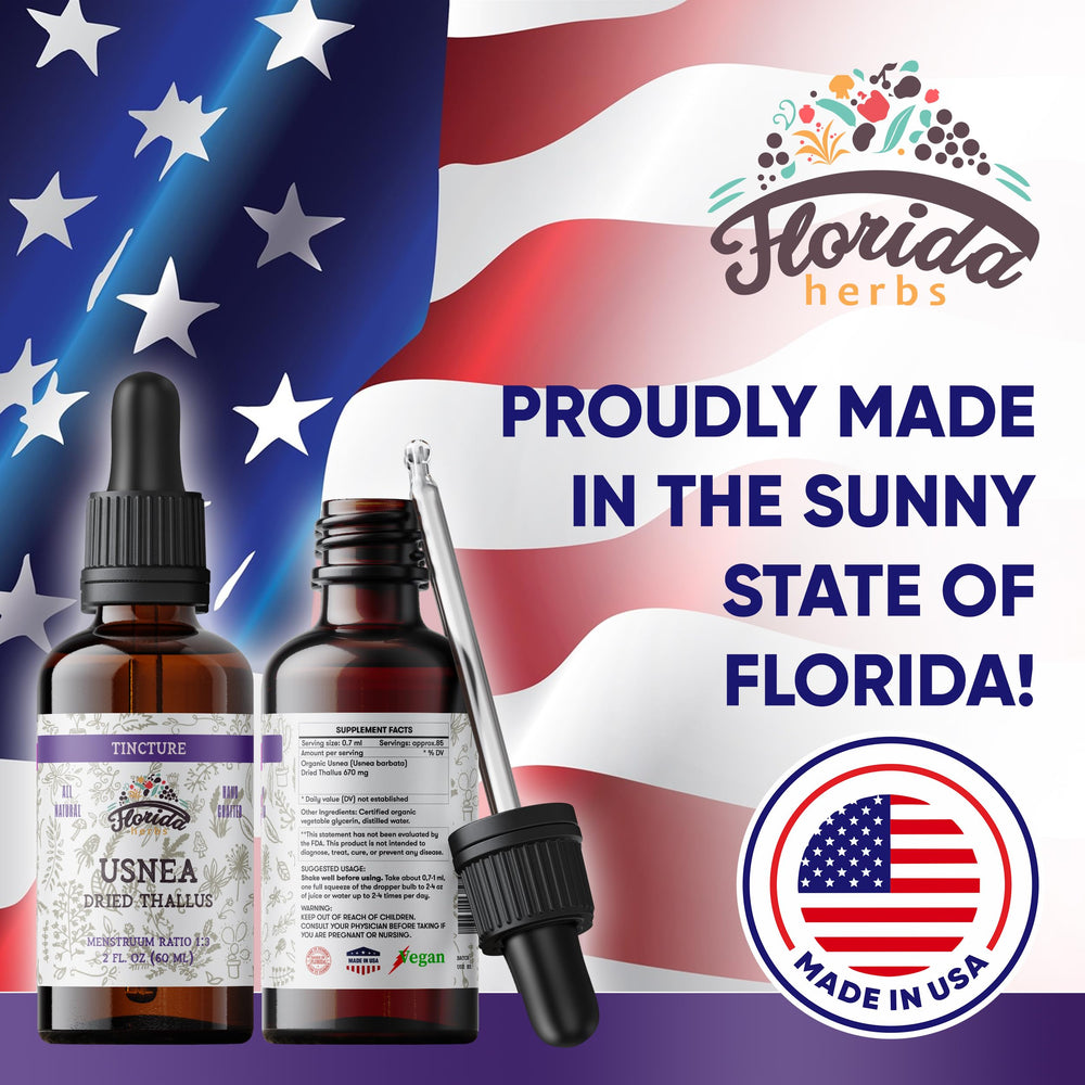 Florida Herbs label closeup confirms organic non-GMO Usnea ingredients.