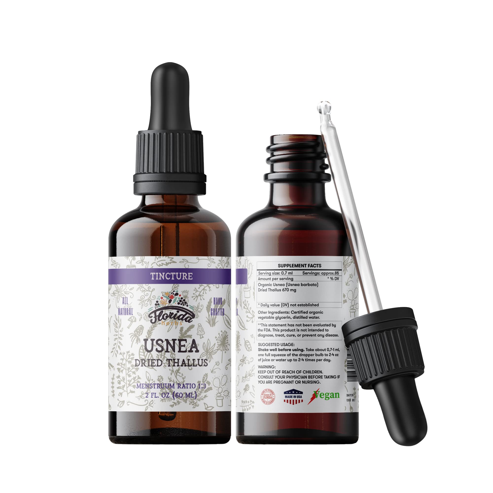 Florida Herbs Usnea tincture bottle shows alcohol-free organic glycerin extract for daily wellness.