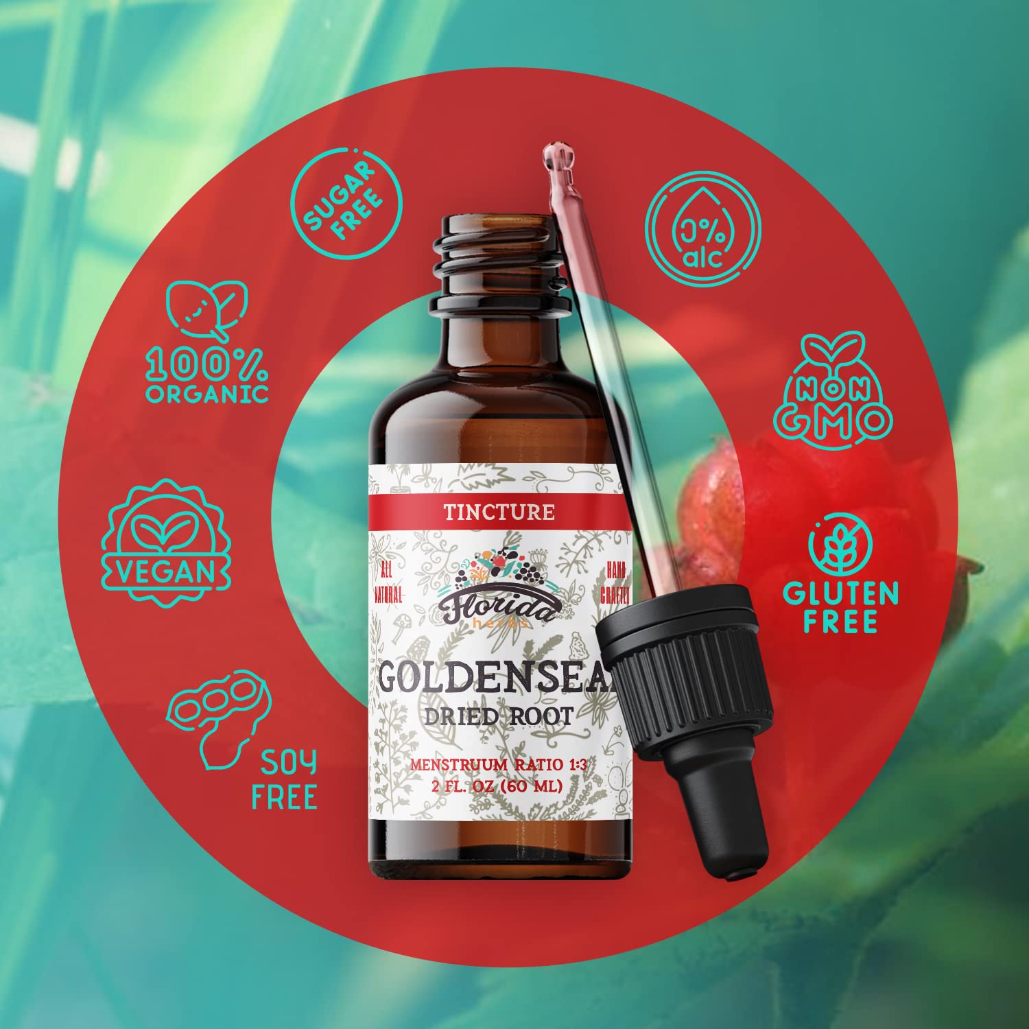 Florida Herbs vegan Goldenseal tincture emphasizes plant-based wellness options.