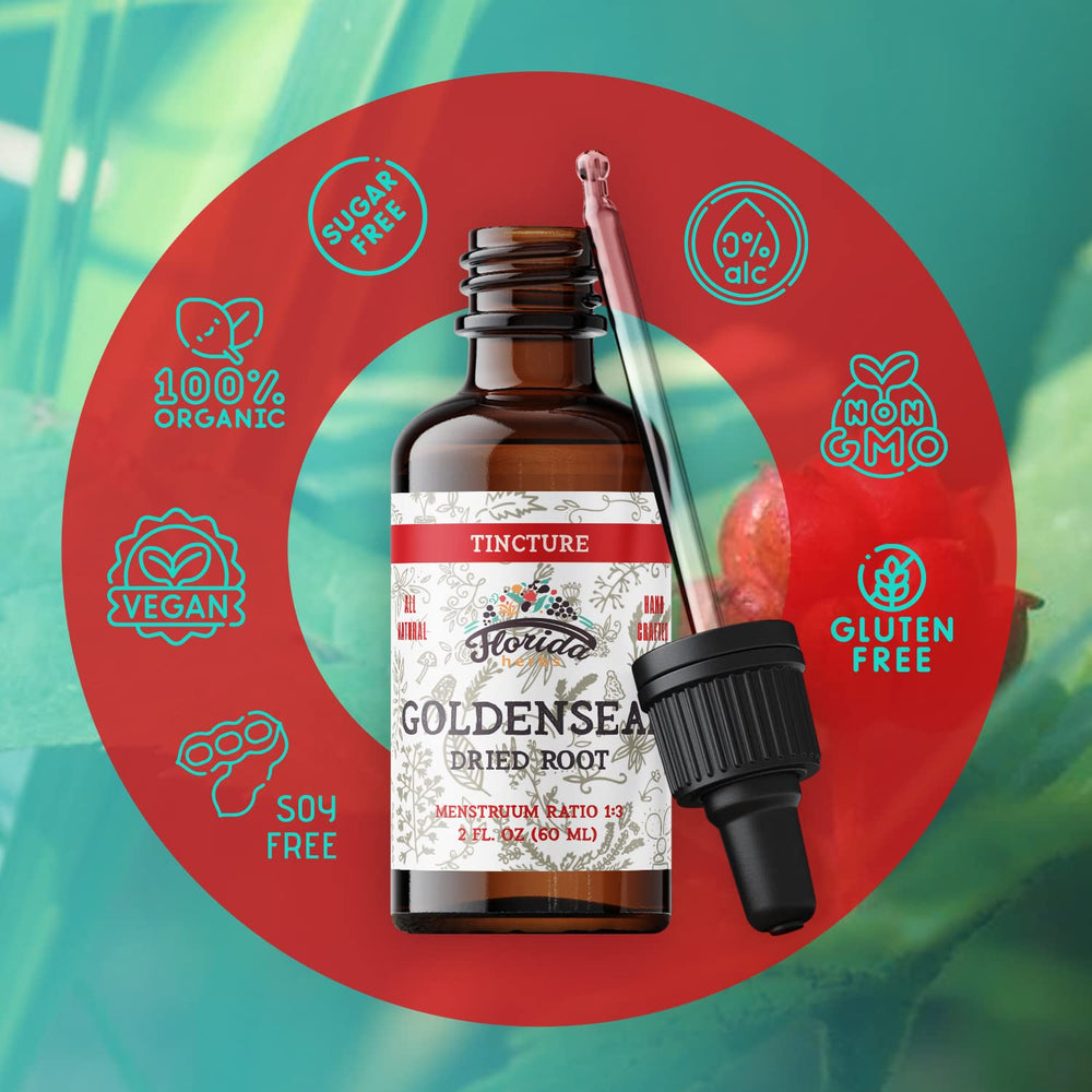 Florida Herbs vegan Goldenseal tincture emphasizes plant-based wellness options.