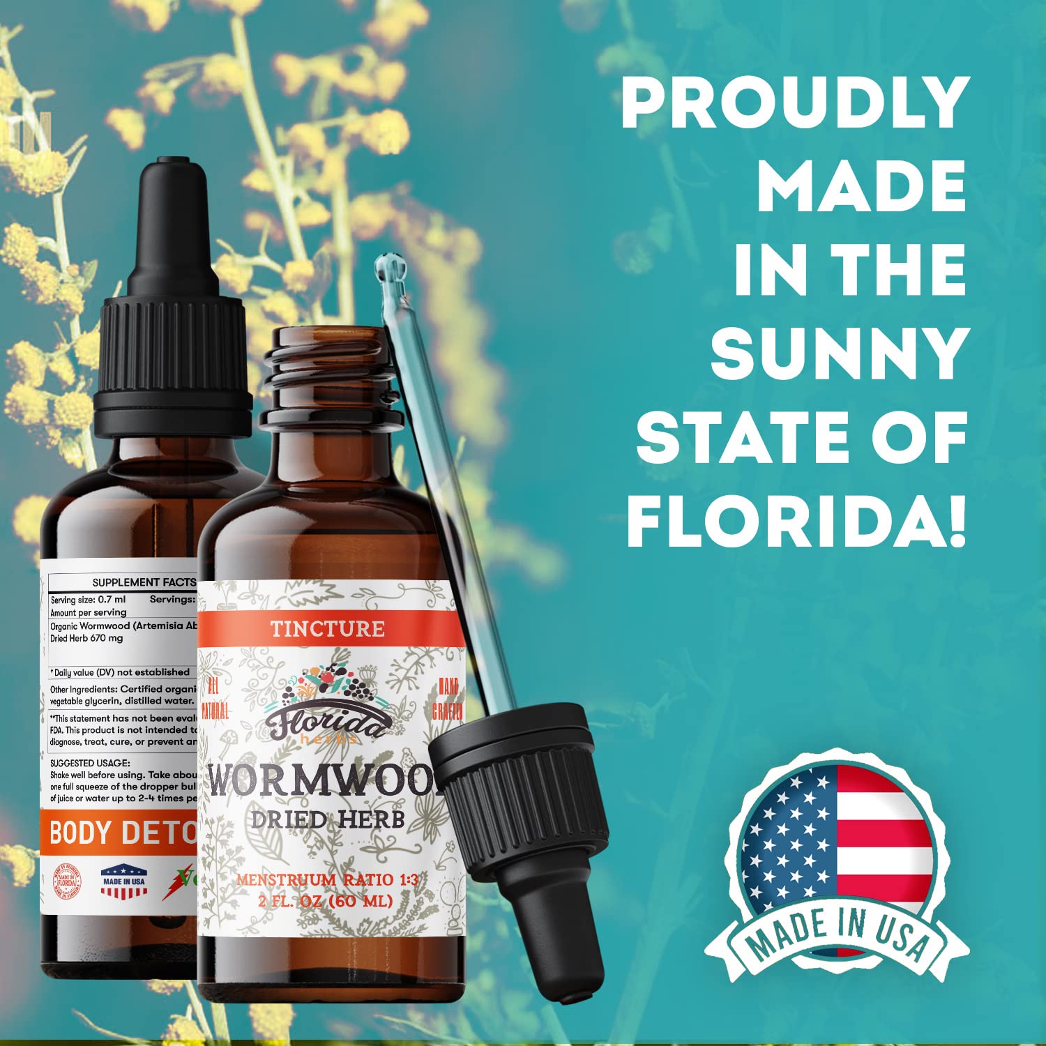 Florida Herbs Wormwood bottle beside glass suggests convenient daily ritual.
