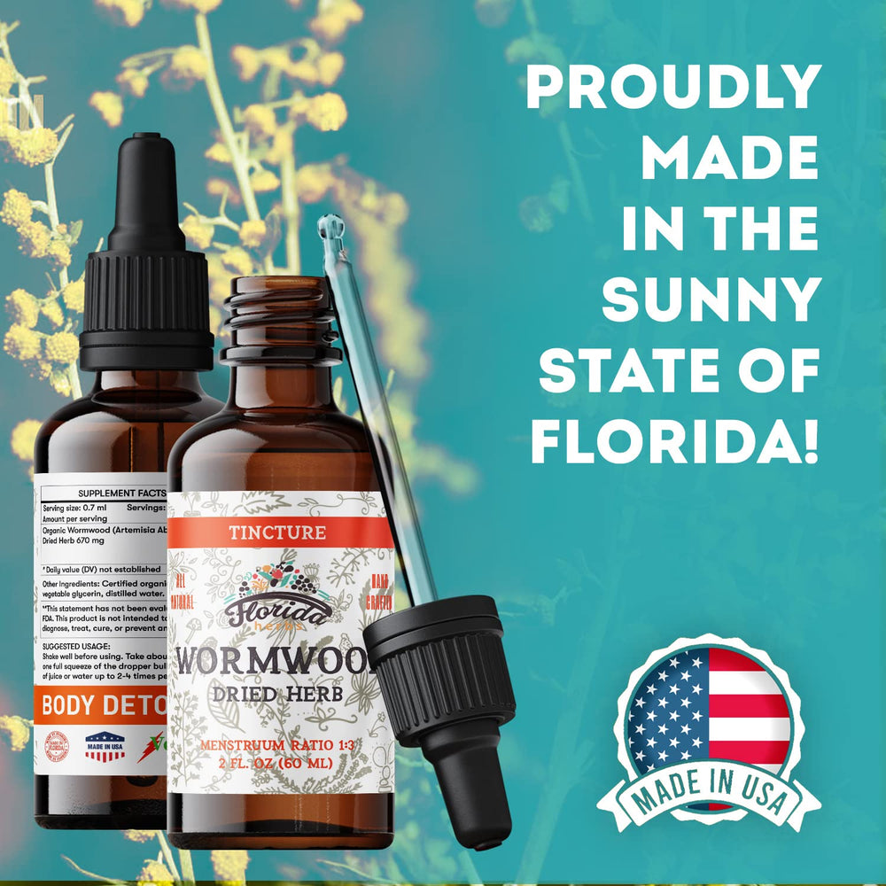 Florida Herbs Wormwood bottle beside glass suggests convenient daily ritual.