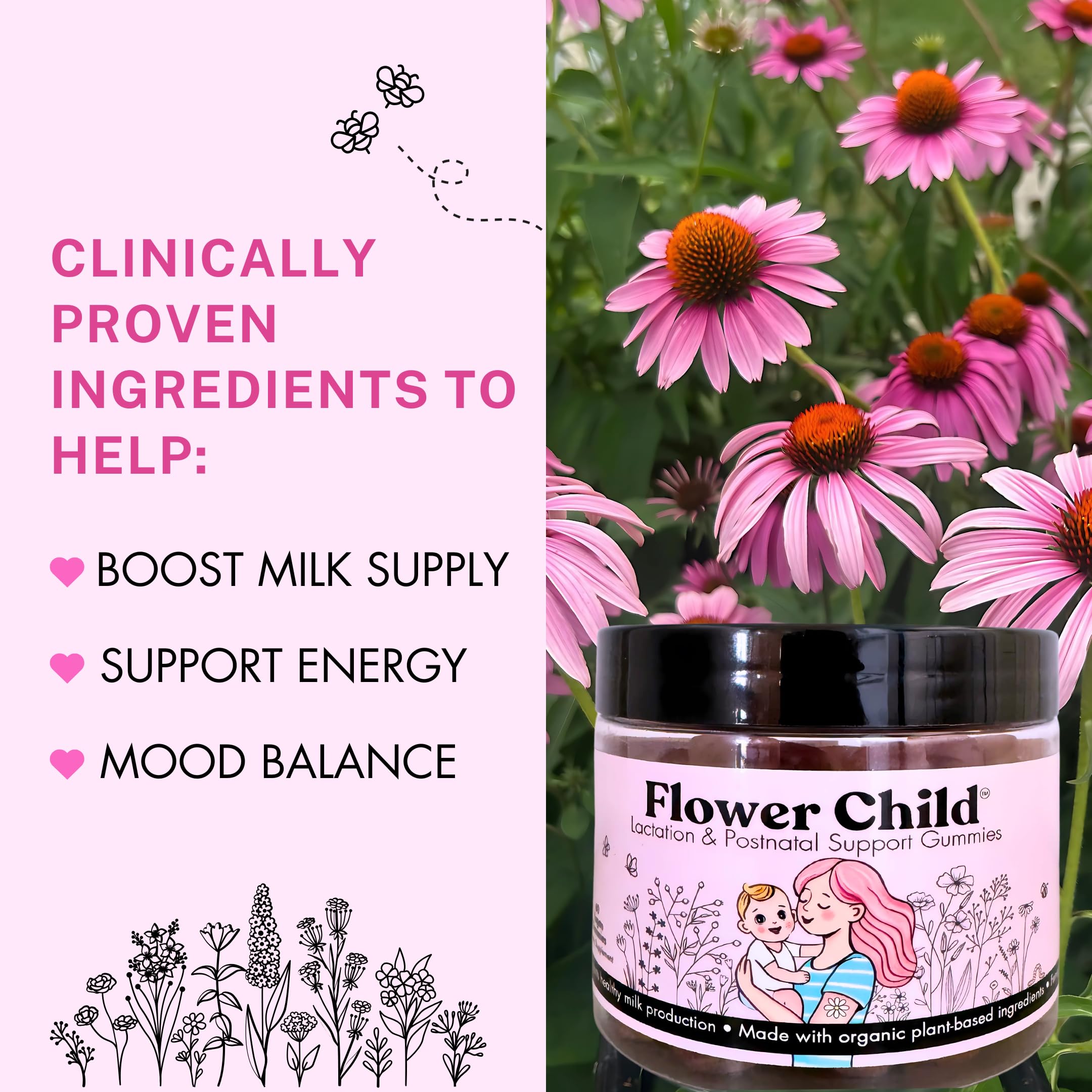 Flower Child bottle-pour image highlights convenient postnatal wellness for mothers.
