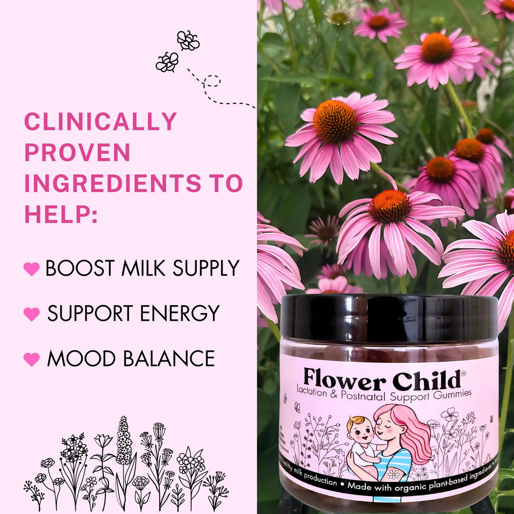 Flower Child bottle-pour image highlights convenient postnatal wellness for mothers.