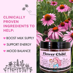 Flower Child bottle-pour image highlights convenient postnatal wellness for mothers.