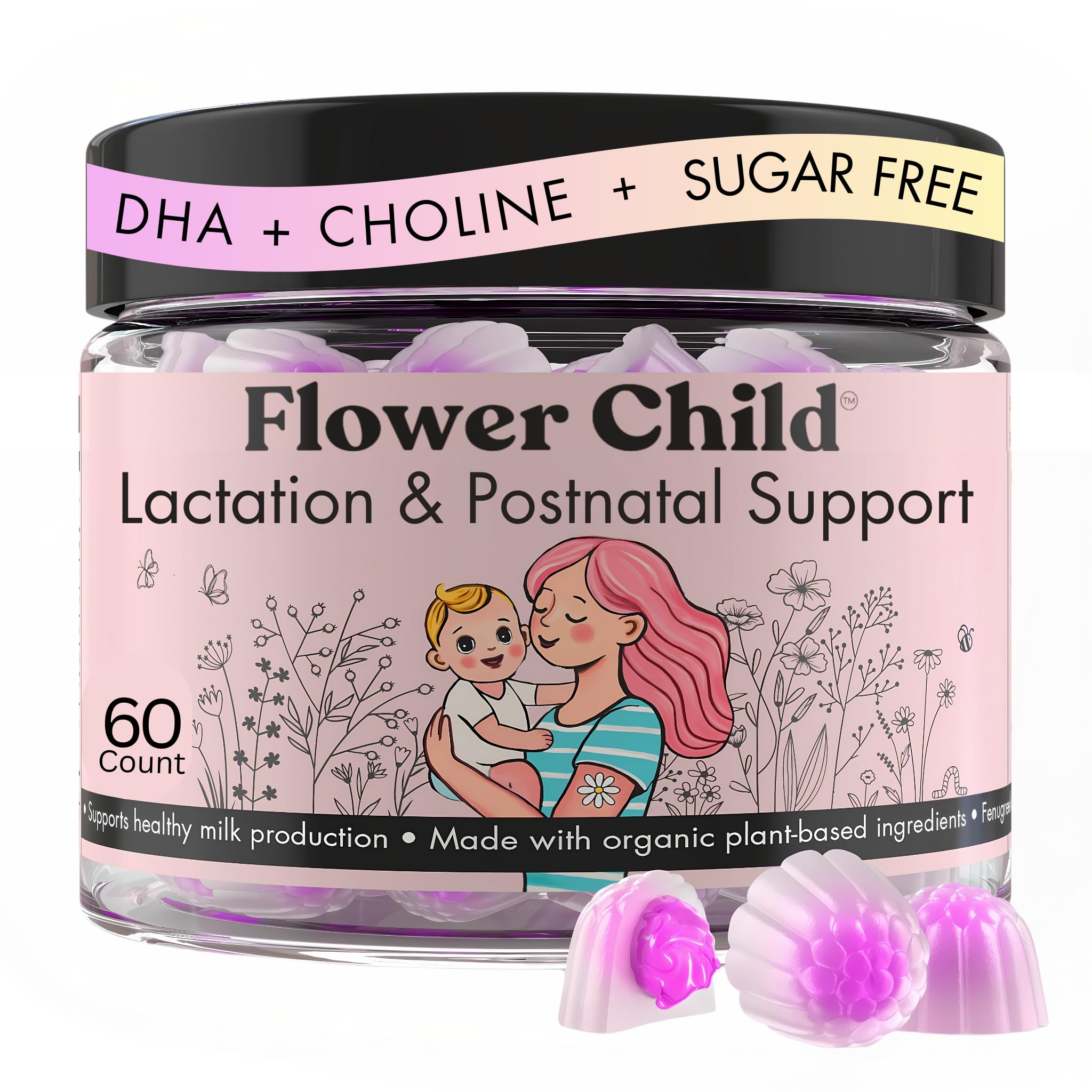 Flower Child breastfeeding gummies with moringa support healthy milk supply for nursing mothers.