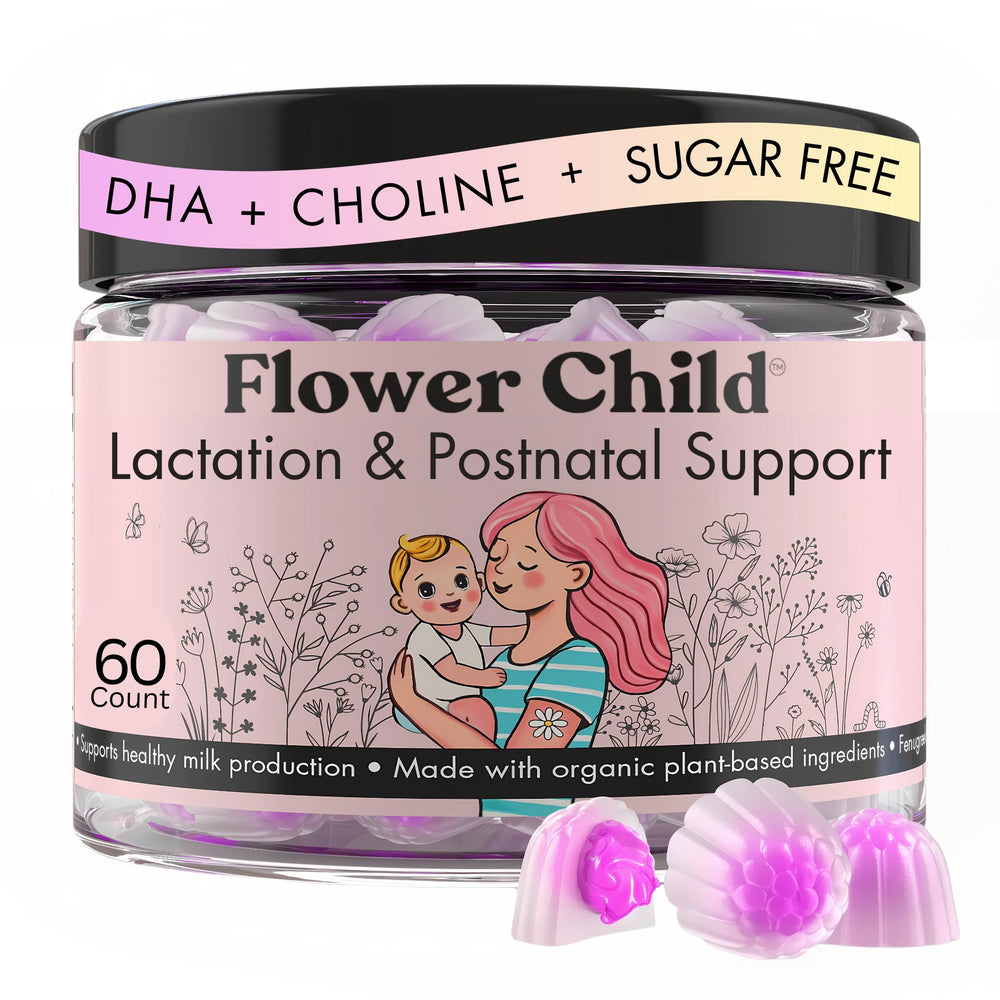 Flower Child breastfeeding gummies with moringa support healthy milk supply for nursing mothers.