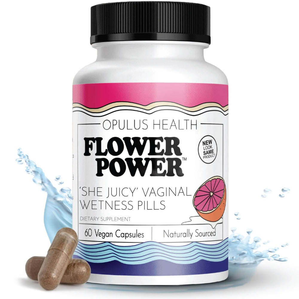 Flower Power Vaginal Moisturizer Capsules packaging highlights cruelty-free, dye-free formula.