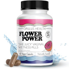 Flower Power Vaginal Moisturizer Capsules packaging highlights cruelty-free, dye-free formula.