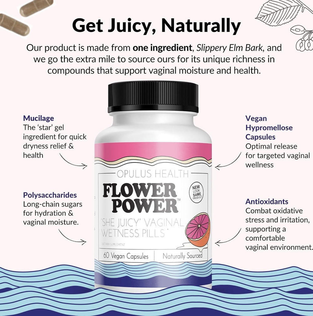 Flower Power Vaginal Moisturizer Capsules swallowable form for easy daily use.