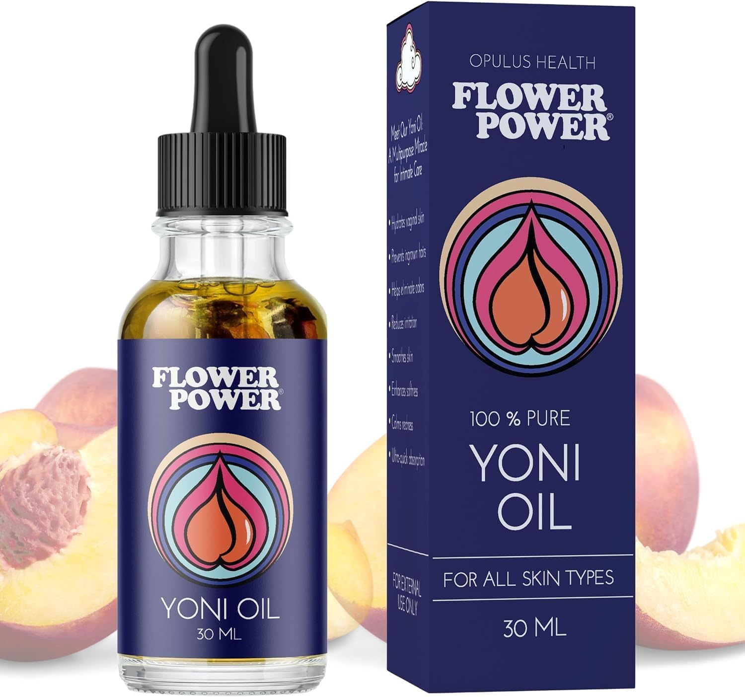 Flower Power Yoni Oil bottle shows the nourishing blend for daily moisture.