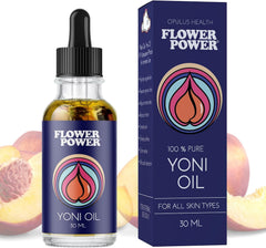 Flower Power Yoni Oil bottle shows the nourishing blend for daily moisture.