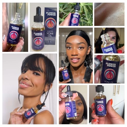 Flower Power Yoni Oil ingredients highlight jojoba, peach blossom, almond oils for hydration.