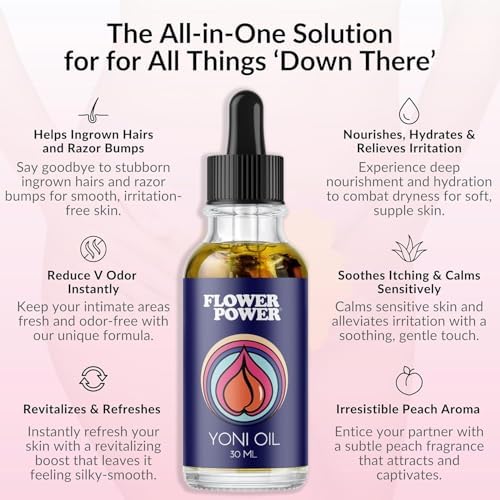 Flower Power Yoni Oil texture appears lightweight and quick-absorbing.
