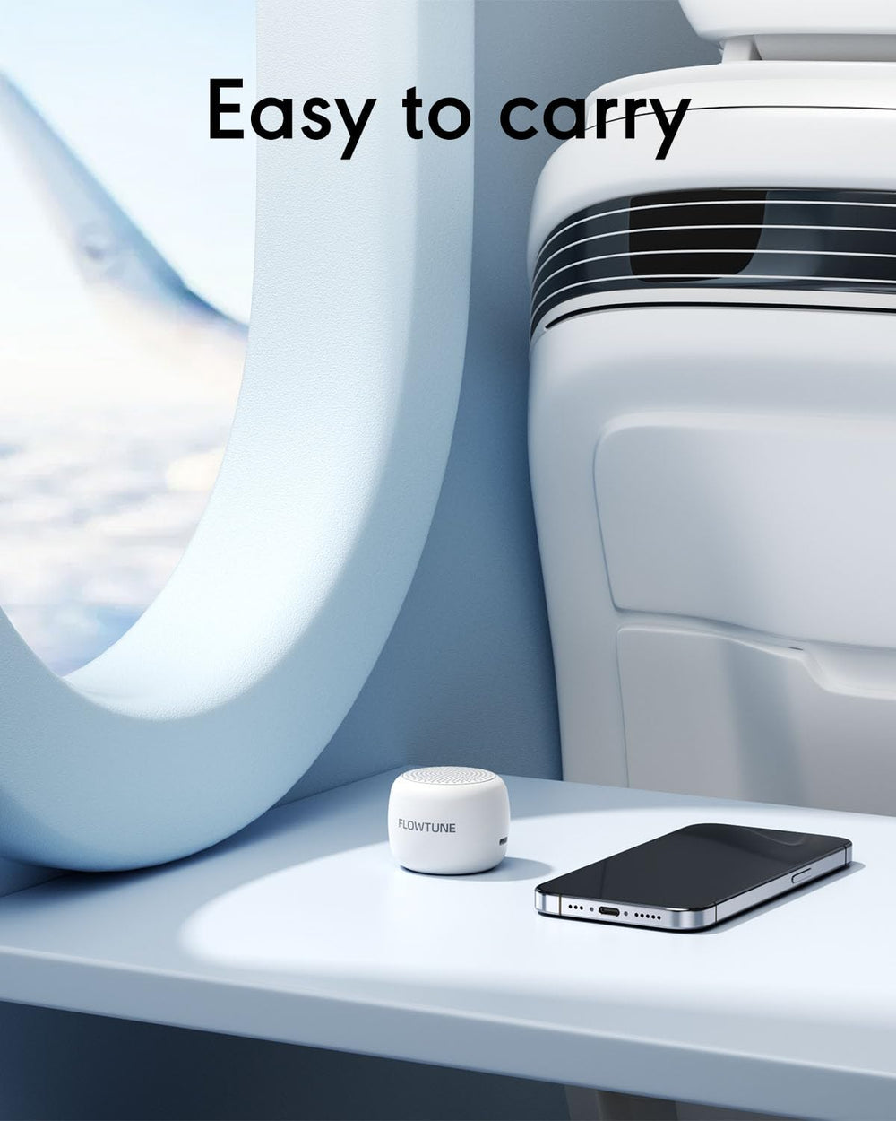 FlowTUNE includes hang strap and USB-C charging for on-the-go power.