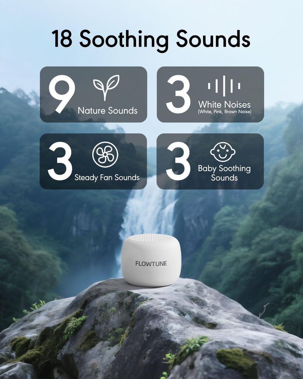 FlowTUNE sound machine offering 18 soothing sounds for all ages.