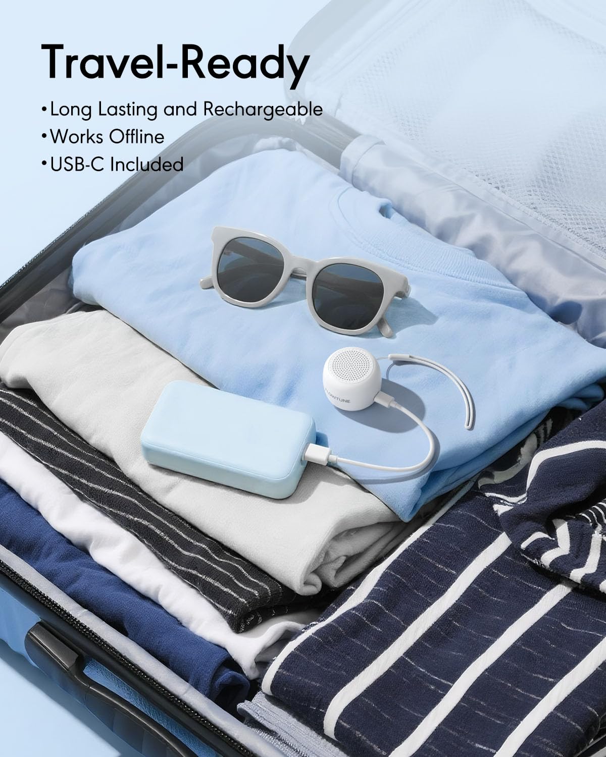 FlowTUNE long battery life supports hours of playback during travel.