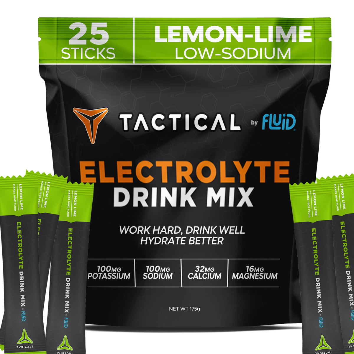 Fluid Tactical electrolyte packet dissolving in water for quick hydration.