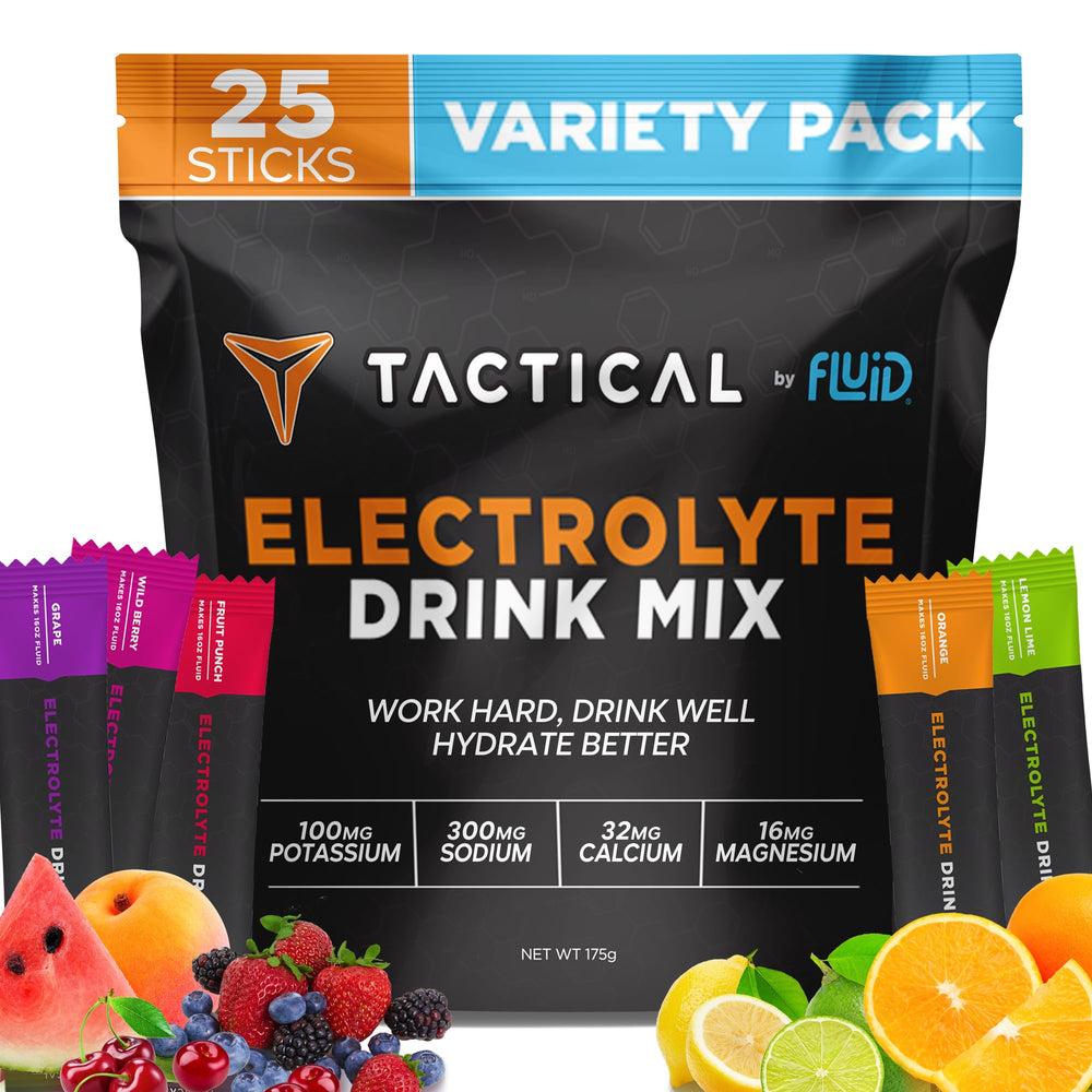 Fluid Tactical electrolyte powder packet for quick on-the-go hydration and mineral replenishment.