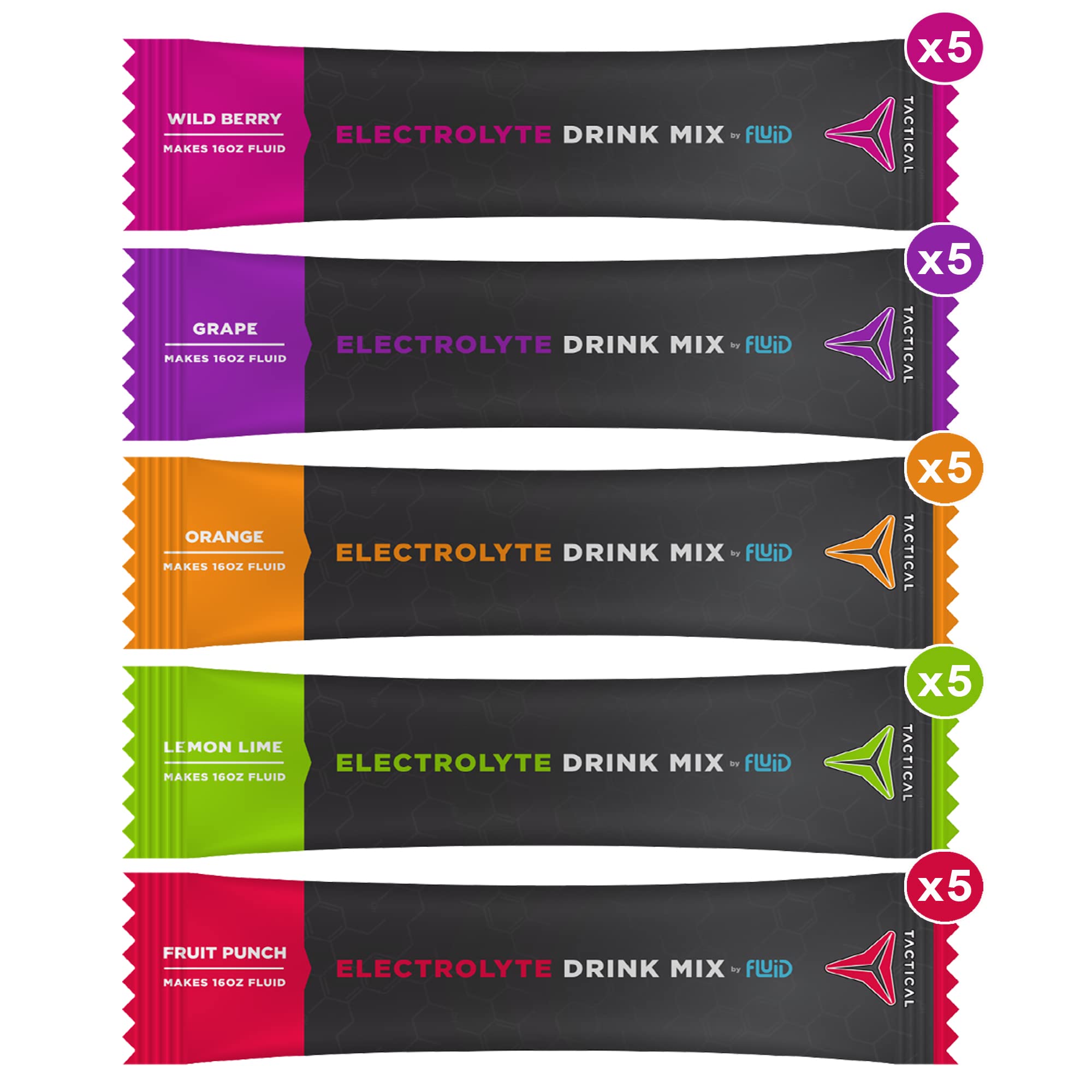 Fluid Tactical variety pack showing five fruity flavors for versatile hydration.