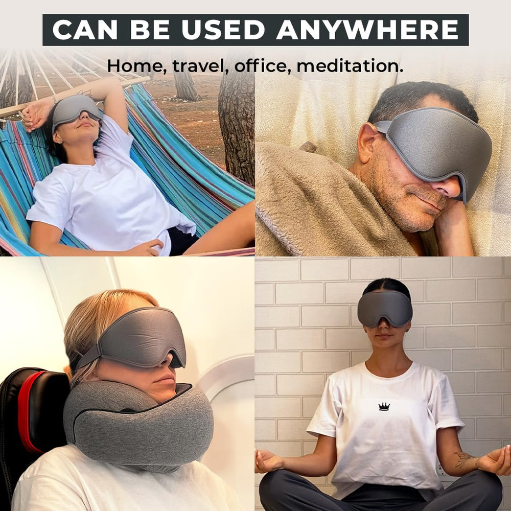 FlyHugz 3D sleep mask with adjustable strap and nose-bridge for secure fit.