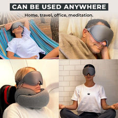 FlyHugz 3D sleep mask with adjustable strap and nose-bridge for secure fit.