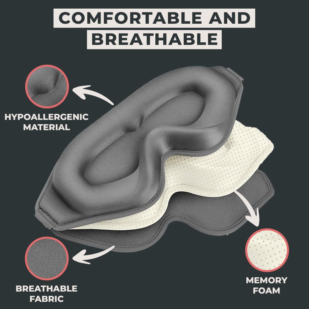 FlyHugz 3D sleep mask featuring breathable foam for all-night cooling.