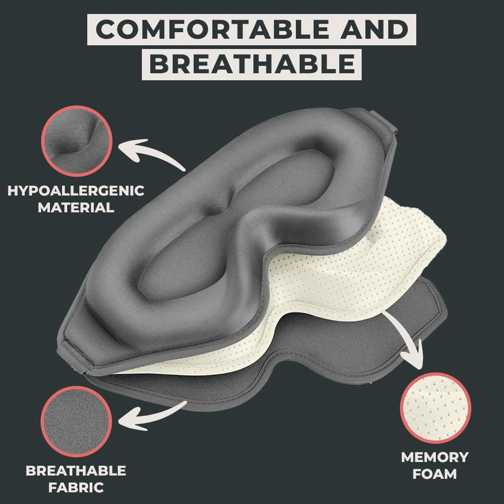 FlyHugz 3D sleep mask featuring breathable foam for all-night cooling.