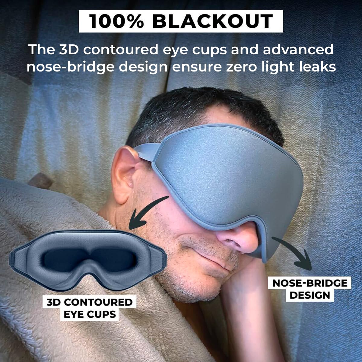 FlyHugz 3D sleep mask showing zero-pressure eye design for comfort.