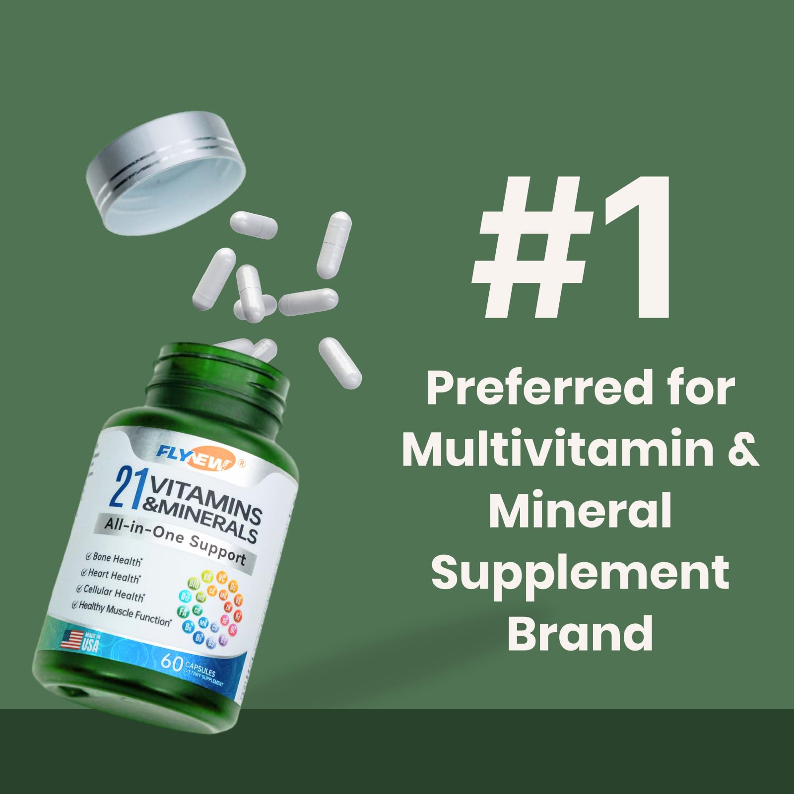 Flynew multivitamin bottle on shelf for active lifestyles