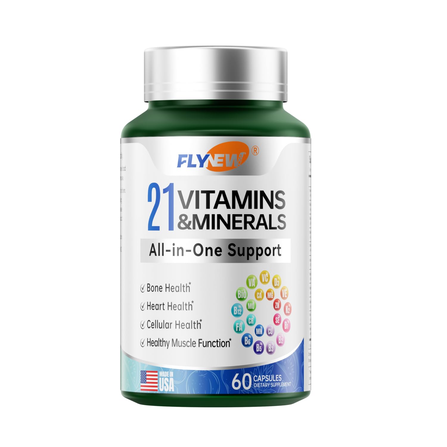 Flynew multivitamin bottle front view for daily energy and immune support