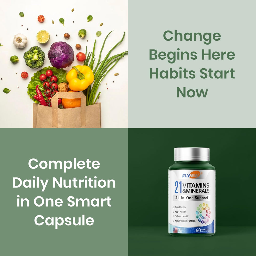 Flynew multivitamin label close-up highlighting 21-in-1 formula for adults