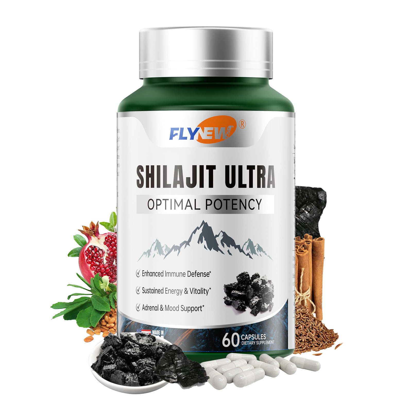 Flynew Shilajit bottle front view showing vitality support.