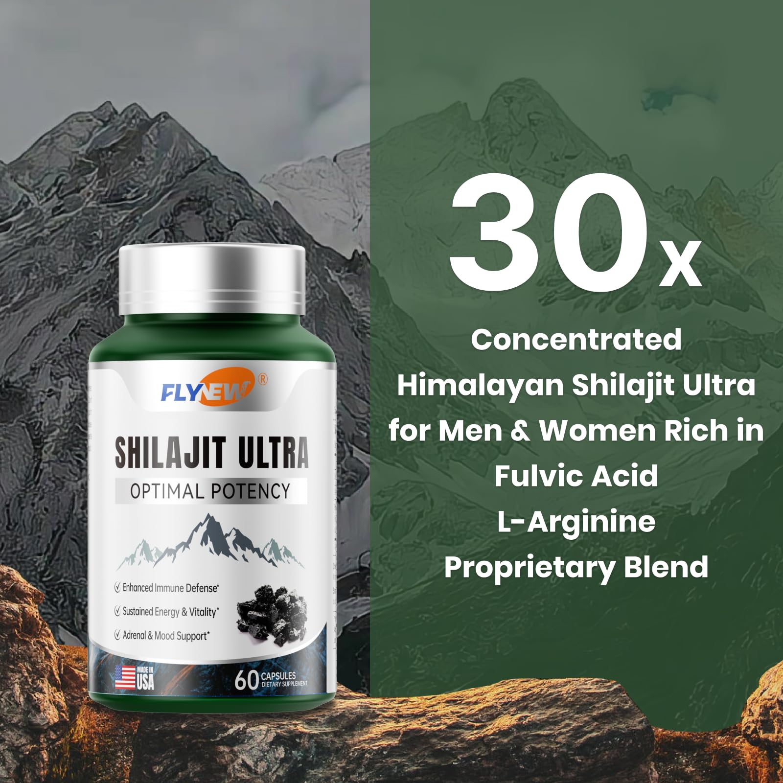 Flynew Shilajit capsules close-up showing easy daily intake.