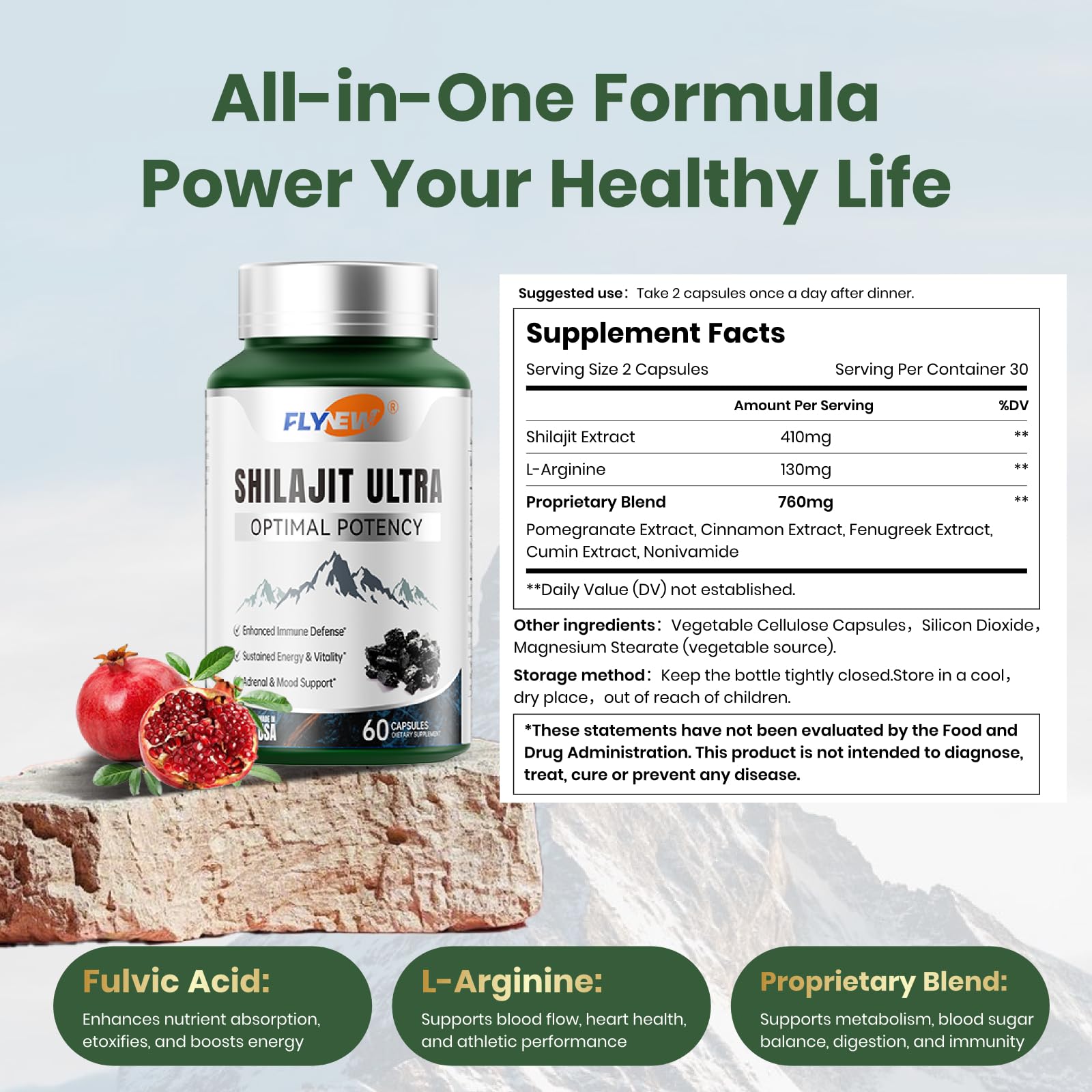 Flynew Shilajit daily-use capsules on lifestyle background.
