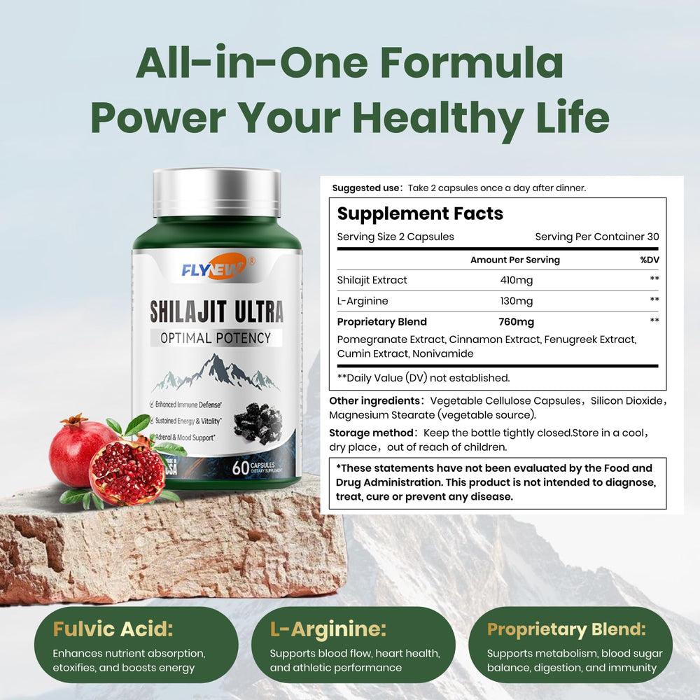 Flynew Shilajit daily-use capsules on lifestyle background.