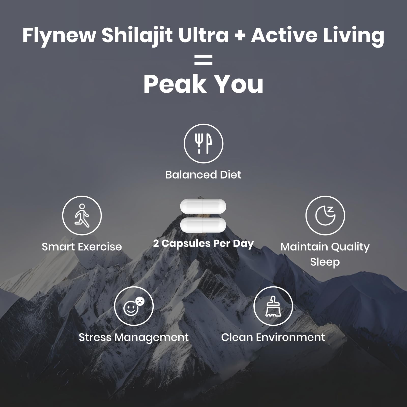 Flynew Shilajit fulvic acid graphic highlighting natural energy.